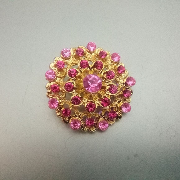 Pretty Pink Flower Leaf Rhinestone Brooch Pin - Gold Tone, Crystal Austrian Crystal